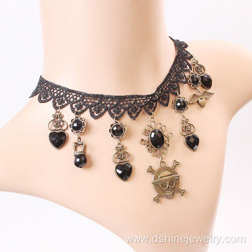 Black Lace Necklace With The Skull Pendant Tassel Choker